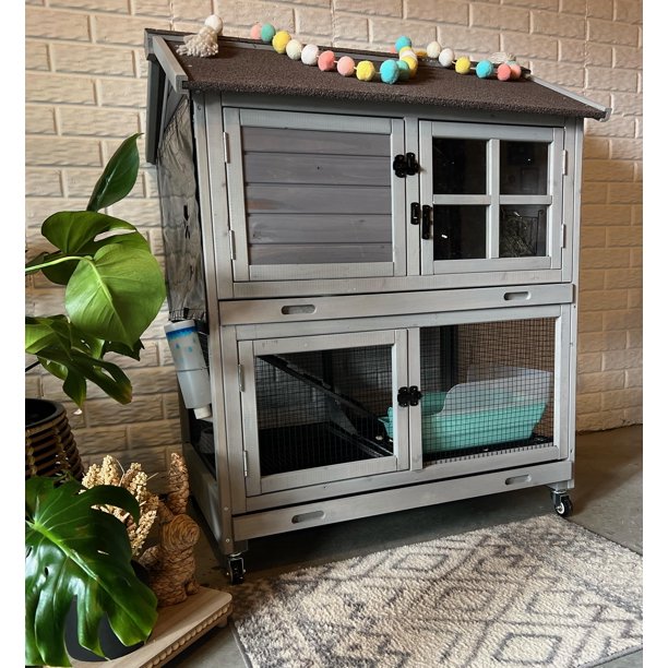 Outdoor Rabbit Hutch Bunny House with Wheels, Wooden Guinea Pig