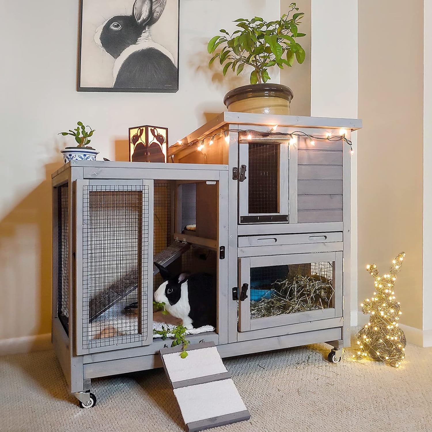 Aivituvin Wooden Rabbit Hutch with Two Slide Tray Outdoor Bunny Cage Indoor Guinea Pig Habitat Pet House for Small Animals - Gray