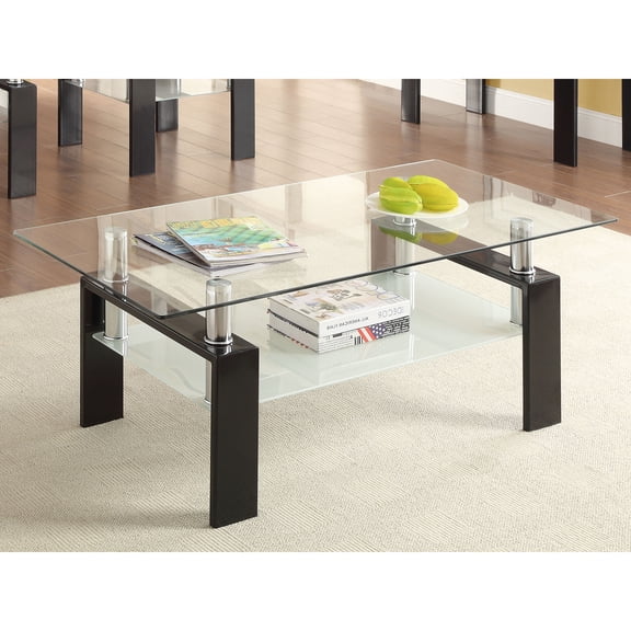 Moriah Black Rectangular Glass Top Coffee Table with 1 Shelf | Modern Metal Frame Parsons Base | 48" Wide, Durable, Elegant Living Room Furniture | Easy-Clean Tempered Surface for Primary Spaces