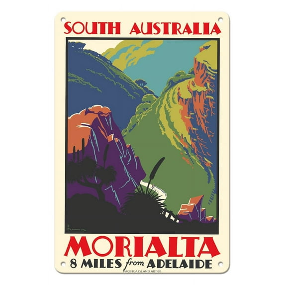 Morialta South Australia - 8 miles from Adelaide - Vintage Travel Poster by Frederick Millward Grey c.1940 - 8 x 12 inch Vintage Metal Tin Sign