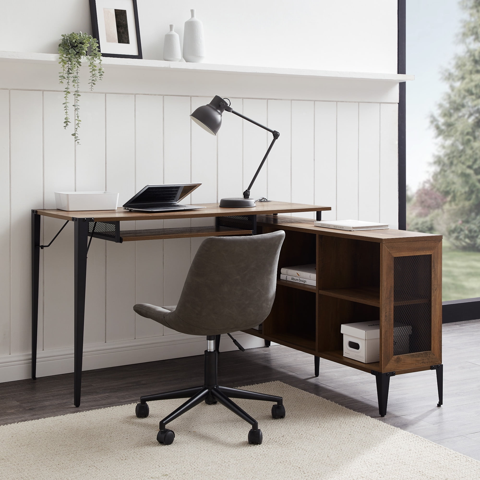 Reclaimed L-shaped computer desk, rustic corner desk, barnwood office desk  with file drawers