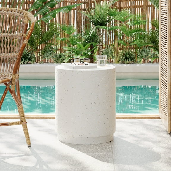 Morien Outdoor Patio Round Accent Table, Concrete, Terrazzo White