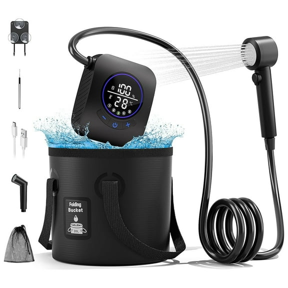 Portable Camping Shower Kit, 8000mAh Rechargeable Pump + Filtered Shower Head + 5-Gallon Collapsible Water Bucket + Spray Gun Head, for Hiking, Travel, Pet Bathing, and Car Cleaning, Free 3-in-1 Hook