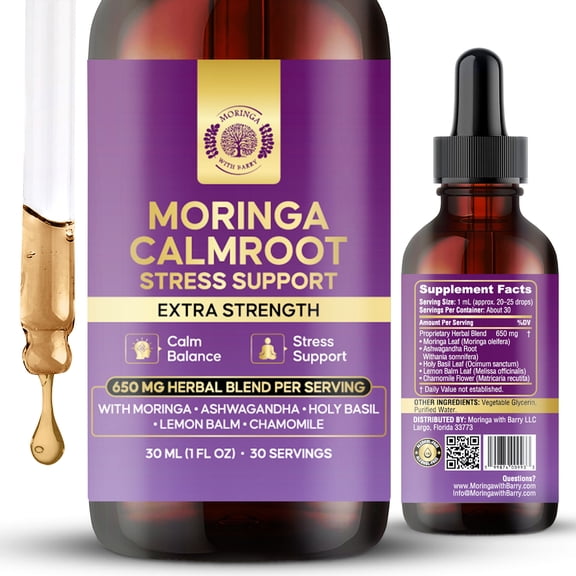 Moringa CalmRoot Stress Support Extract Multi-Herb Botanical Drops with Moringa, Ashwagandha, Holy Basil, Lemon Balm & Chamomile | 650 MG Herbal Blend for Calm Mood & Daily Balance