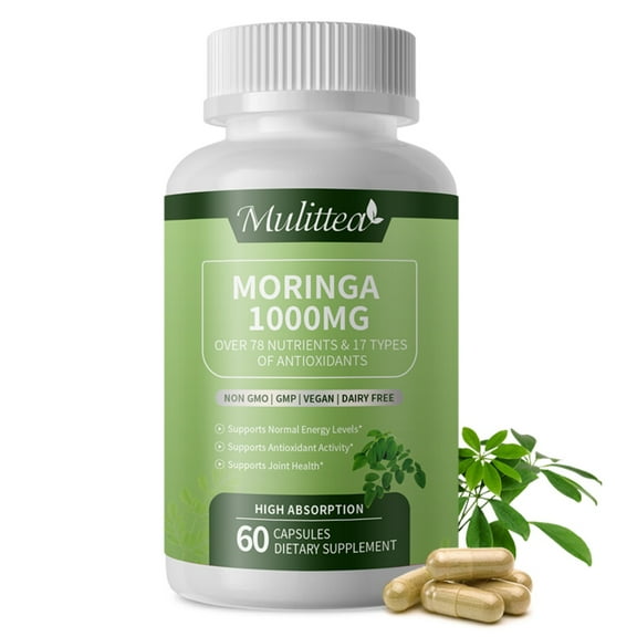 Moringa Capsules 1000mg, Rich Moringa Powder with Turmeric, Green Tea, Ginger, Natural Antioxidant Supplement, Supports Energy, Skin Health, Gut Health, 60 Capsules