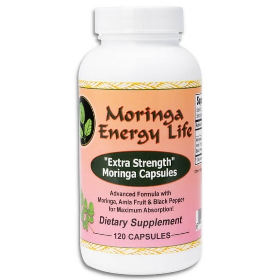 Moringa Capsules Extra Strength 500 mg, Moringa Leaf Powder, Black Pepper, Vegan Capsules, Moringa Energy Life, 120 Capsule