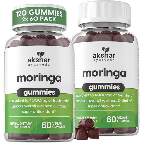 AKSHAR AYURVEDA Moringa Gummies 400mg, Antioxidant Support, Natural Tropical Fruit Flavor, 60-Count Bottle, 2 Pack