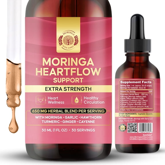 Moringa HeartFlow Support Extract  Multi-Herb Botanical Drops with Garlic, Hawthorn, Turmeric, Ginger & Cayenne | 650 MG Herbal Blend for Cardiovascular Wellness Support