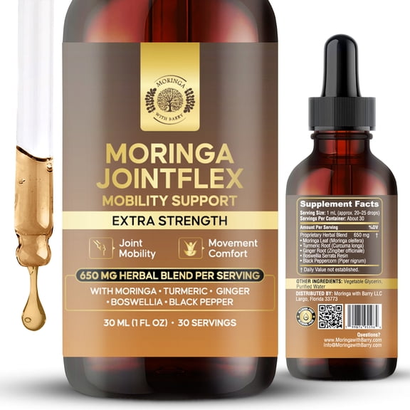 Moringa JointFlex Mobility Support Extract Multi-Herb Botanical Drops with Moringa, Turmeric, Ginger, Boswellia & Black Pepper | 650 MG Herbal Blend for Joint Comfort & Mobility