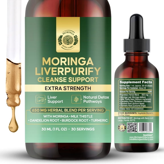 Moringa LiverPurify Cleanse Support Extract Multi-Herb Botanical Drops with Moringa, Milk Thistle, Dandelion Root, Burdock Root & Turmeric | 650 MG Herbal Blend for Liver Support & Natural Detox