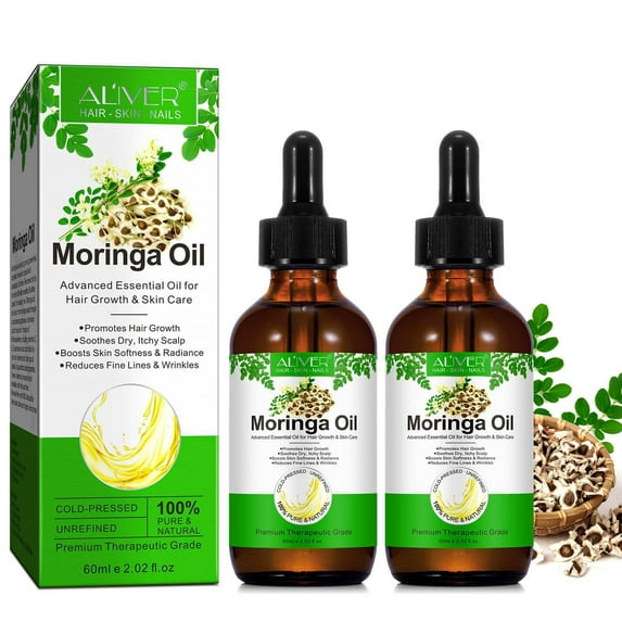 Moringa Seed Oil by Aliver – 100% Natural Cold Pressed Moringa Oil - for Face, Skin Care, Hair Care, Scalp Massage & Body Massage - 2Pack