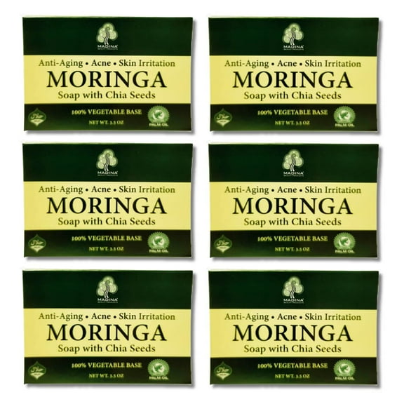Moringa Soap Bar 6-pack with Chia Seeds, Handmade for All Skin Types, Moringa Energy Life, Natural for Face Hands Body!
