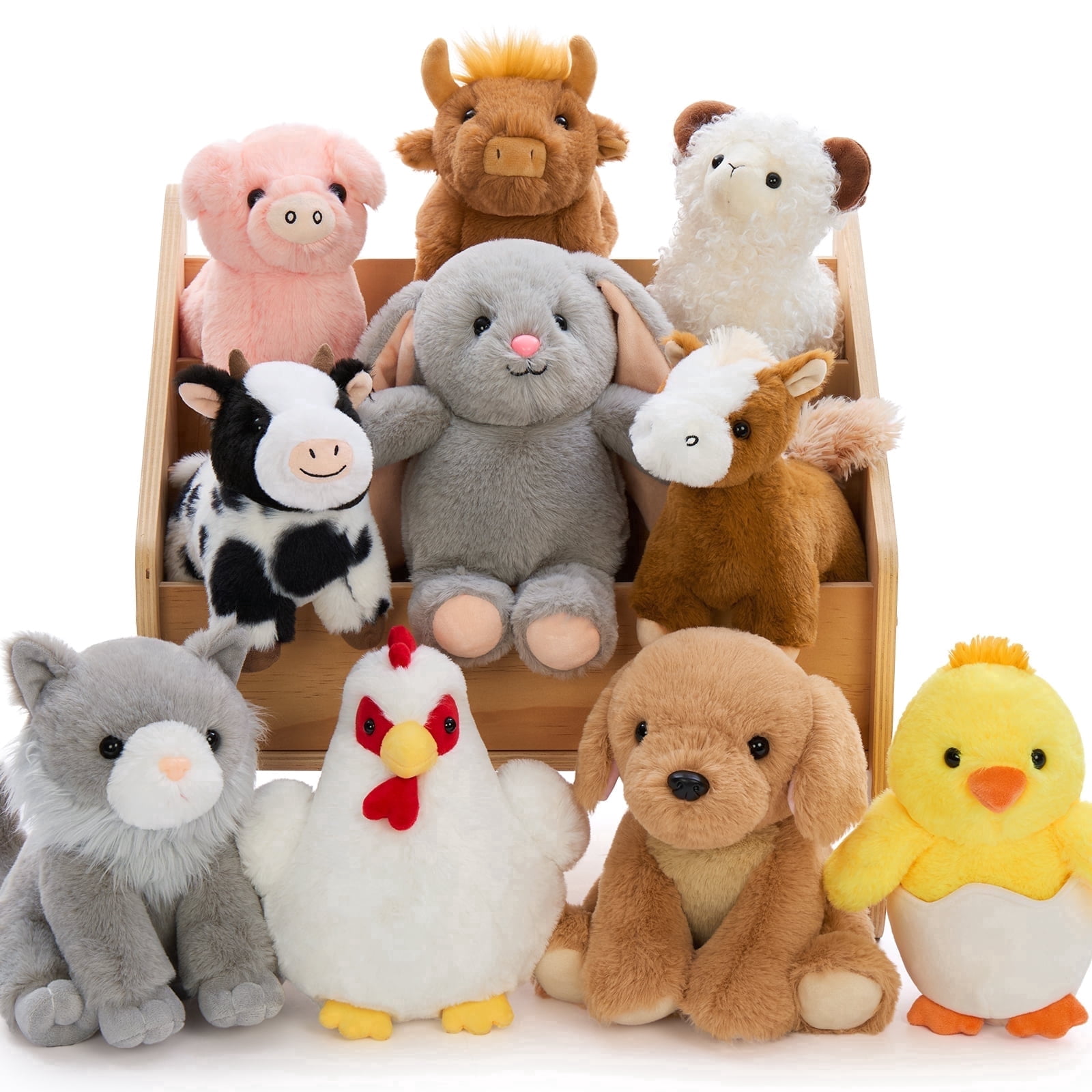 MorisMos 10 Pack Farm Animal Plush Set Bulk Stuffed Farm Collection with Horse, Cow, Dog, Cat & More Playset Toys