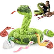 MorisMos 118" Giant Green Stuffed Snake, Realistic Mommy Snake with 4 Babies & 3 Eggs Plush Toy