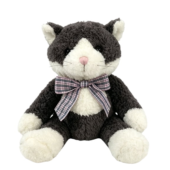 MorisMos 13in Curly Gray White Cat Stuffed Animal, Soft Kitten Plush Toy with Blue Plaid Bow