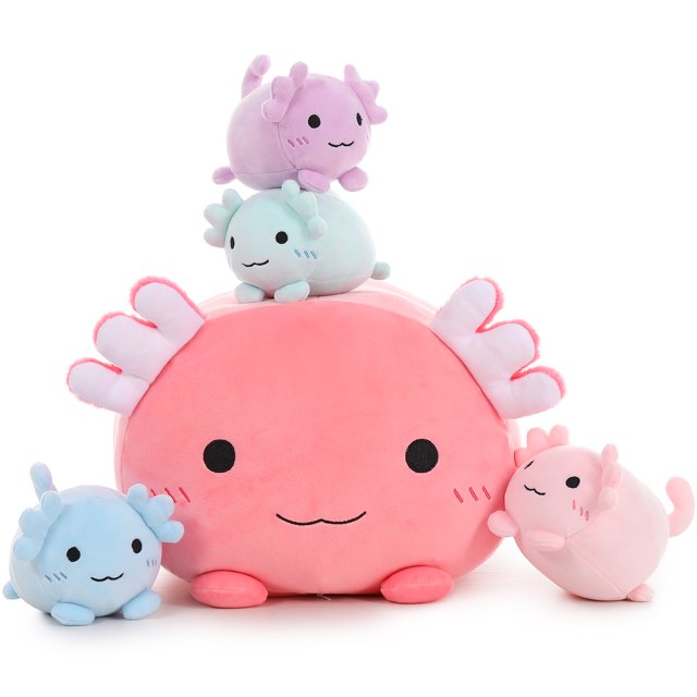 MorisMos 16" Axolotl Plush Toy Pillow,Jumbo Stuffed Animal with 4 Baby