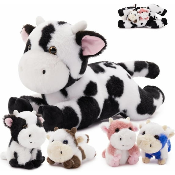 MorisMos 16" Cow Stuffed Animal, Stuffed Dairy Cattle with 4 Baby Plush Toys