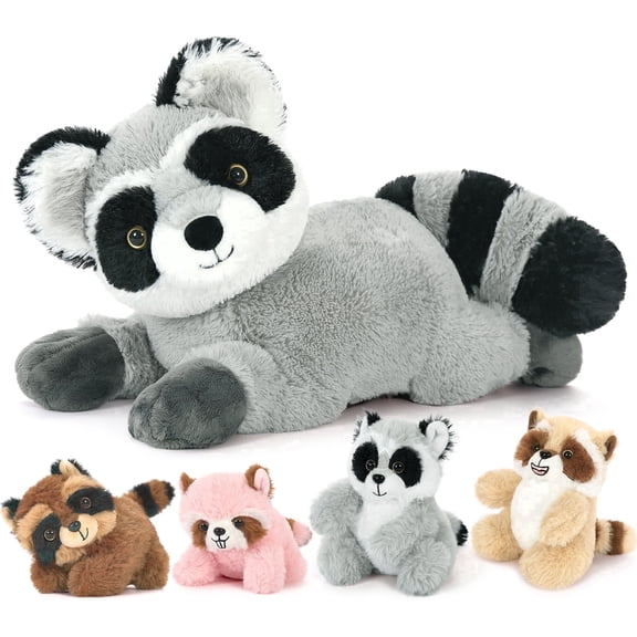 MorisMos 17.7" Raccoon Stuffed Animal with 4 Cute Babies, Large Soft Raccoon Plush Toy