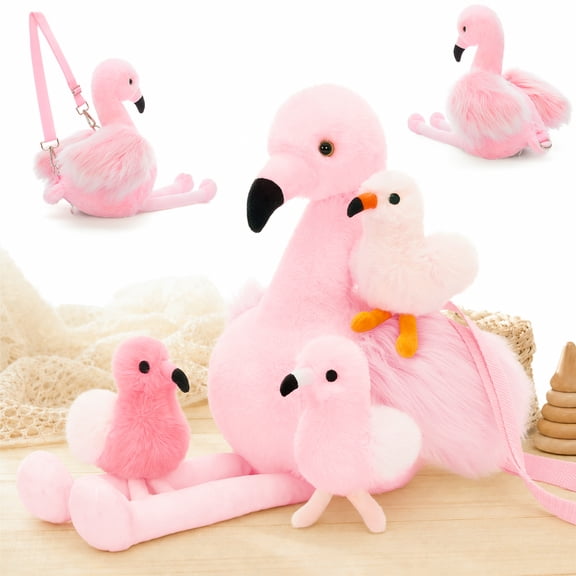 MorisMos 17in Pink Flamingo Stuffed Animal with 3 Babies, Fluffy Flamingo Plush Backpack