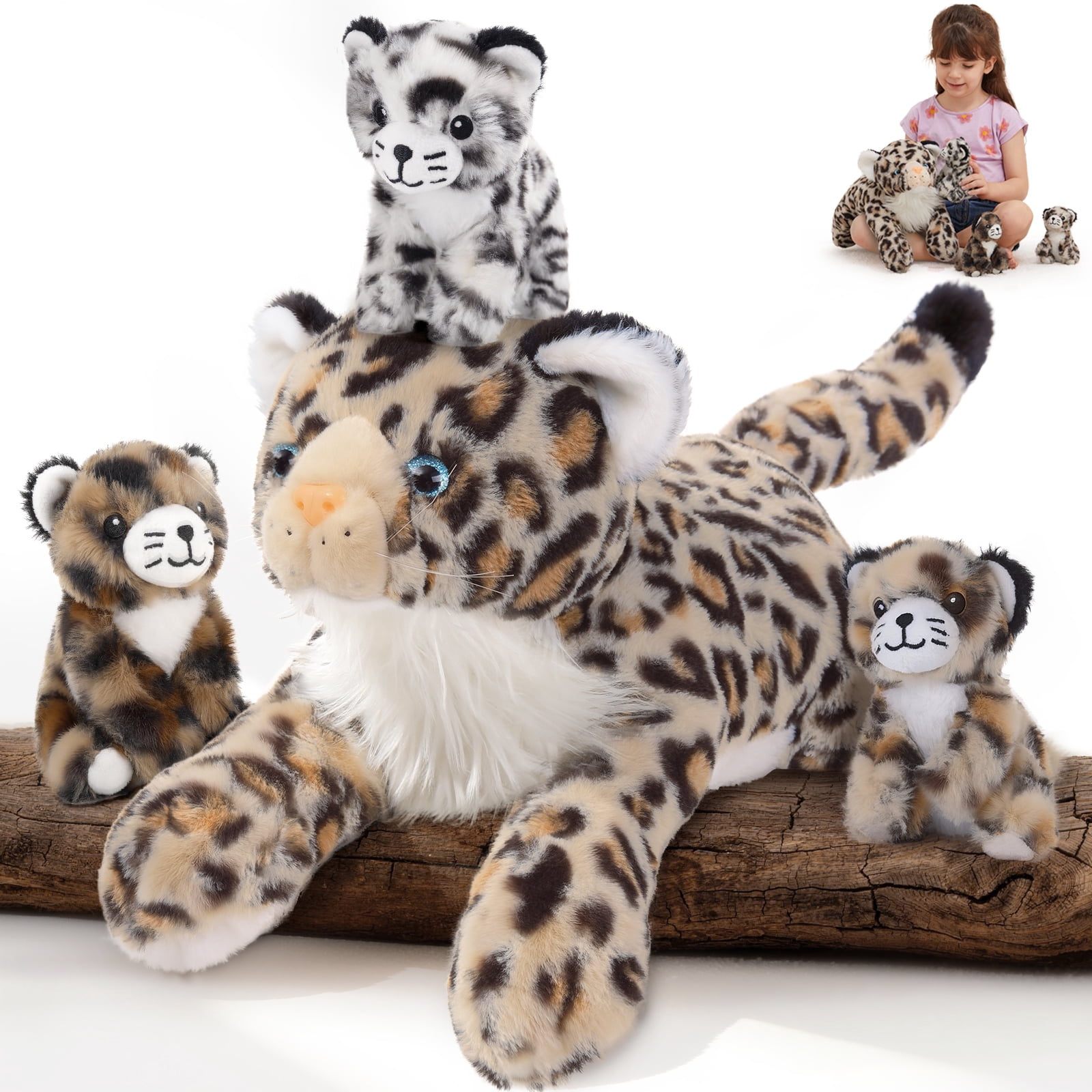 MorisMos 18" Cheetah Stuffed Animals Mommy Stuffed Leopard with 3 Baby Plush Toys