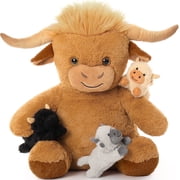 MorisMos 18 Highland Cattle Stuffed Animal Soft Stuffed Highland Cow Plush Mommy and 3 Babies