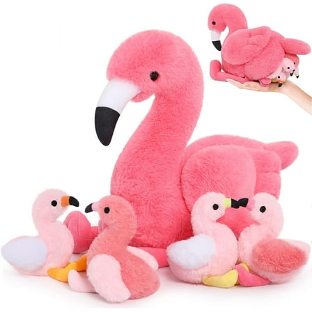 MorisMos 18'' Plush Flamingo Stuffed Animal Mommy Stuffed Flamingo with 4 Babies