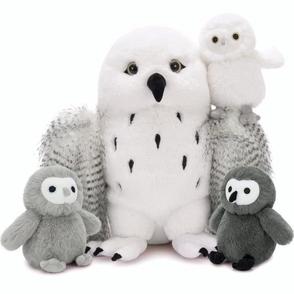 MorisMos 18" White Snowy Owl Stuffed Animal with 3 Baby Owls Plush Toys
