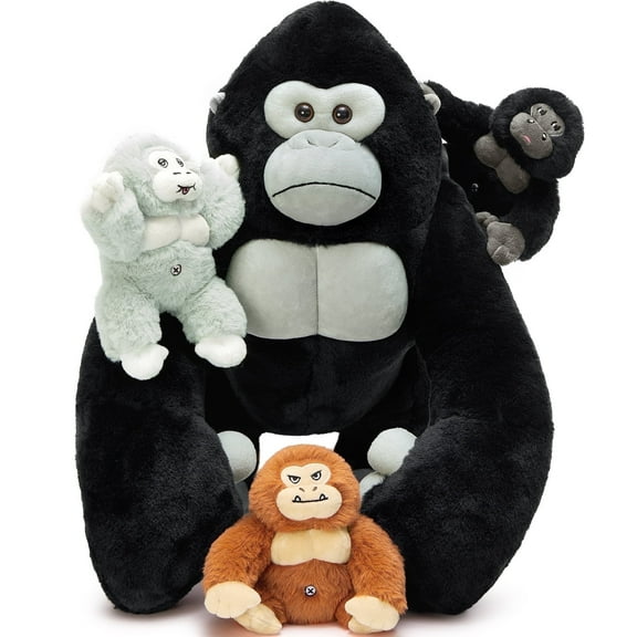 MorisMos 19.6" Black Gorillas Stuffed Animal Mommy Gorillas with 3 Baby Plush Toys