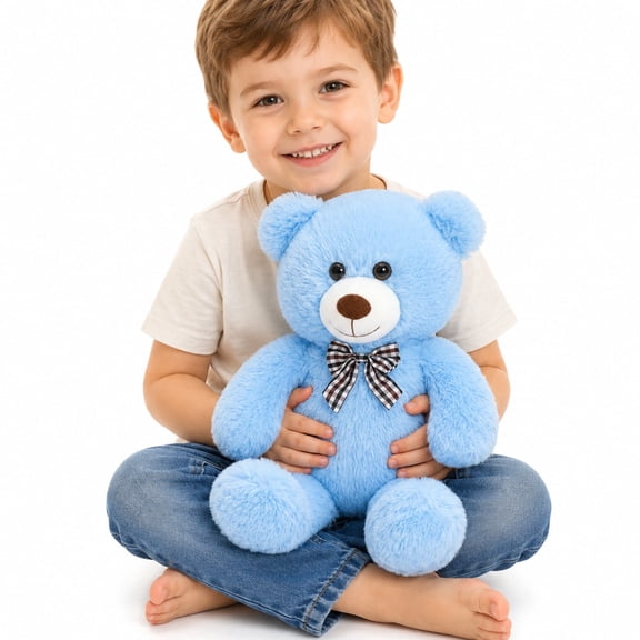 MorisMos 19.7in Sky Blue Teddy Bear Stuffed Animal, Cute Blue Bear Plush Toy with Classic Plaid Bow