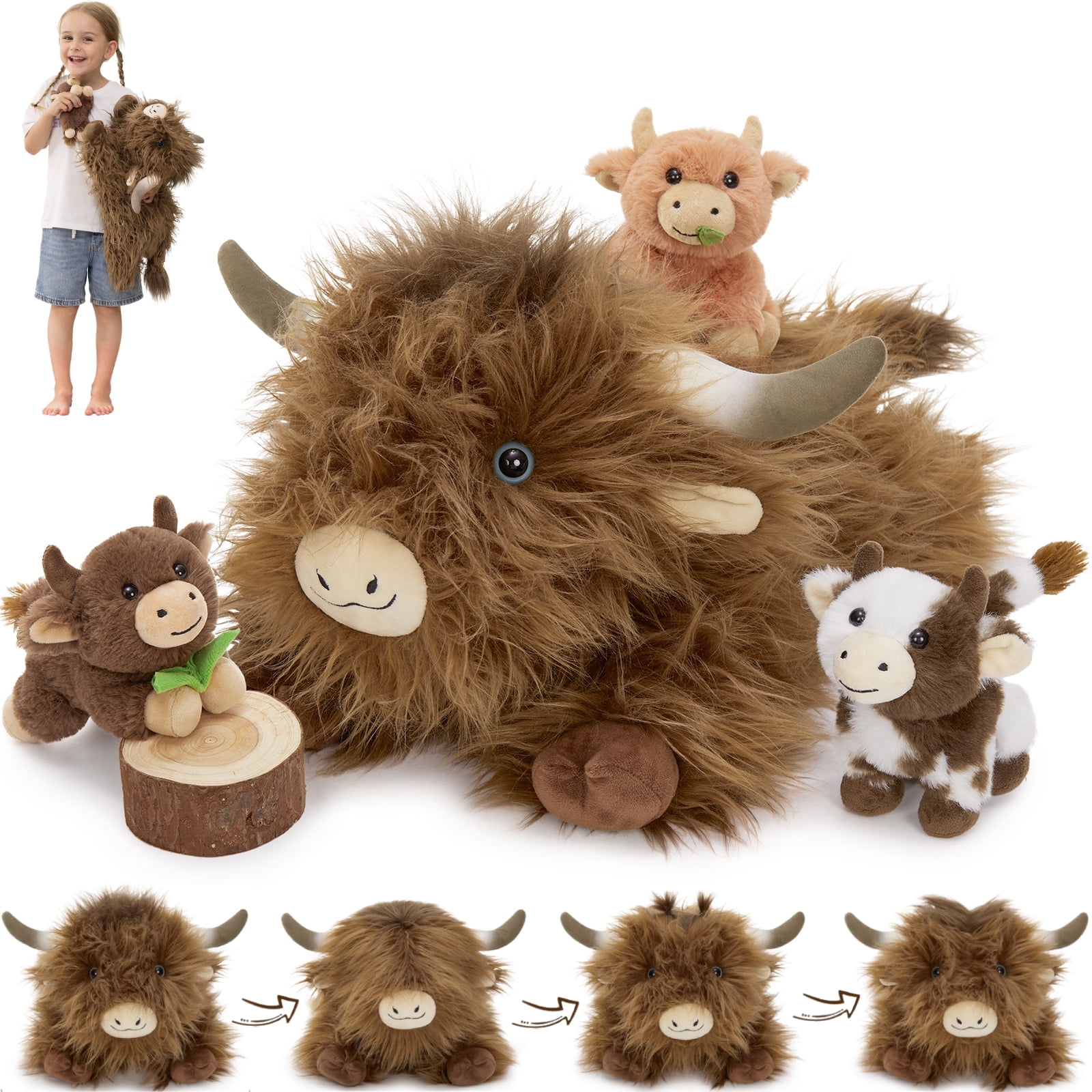 MorisMos 20" Highland Cow Stuffed Animal with 3 Babies Plush Toys