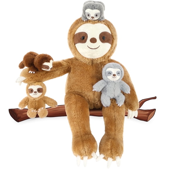 MorisMos 22" Sloth Stuffed Animal with 4 Cute Babies, Large Soft Sloth Plush Toy