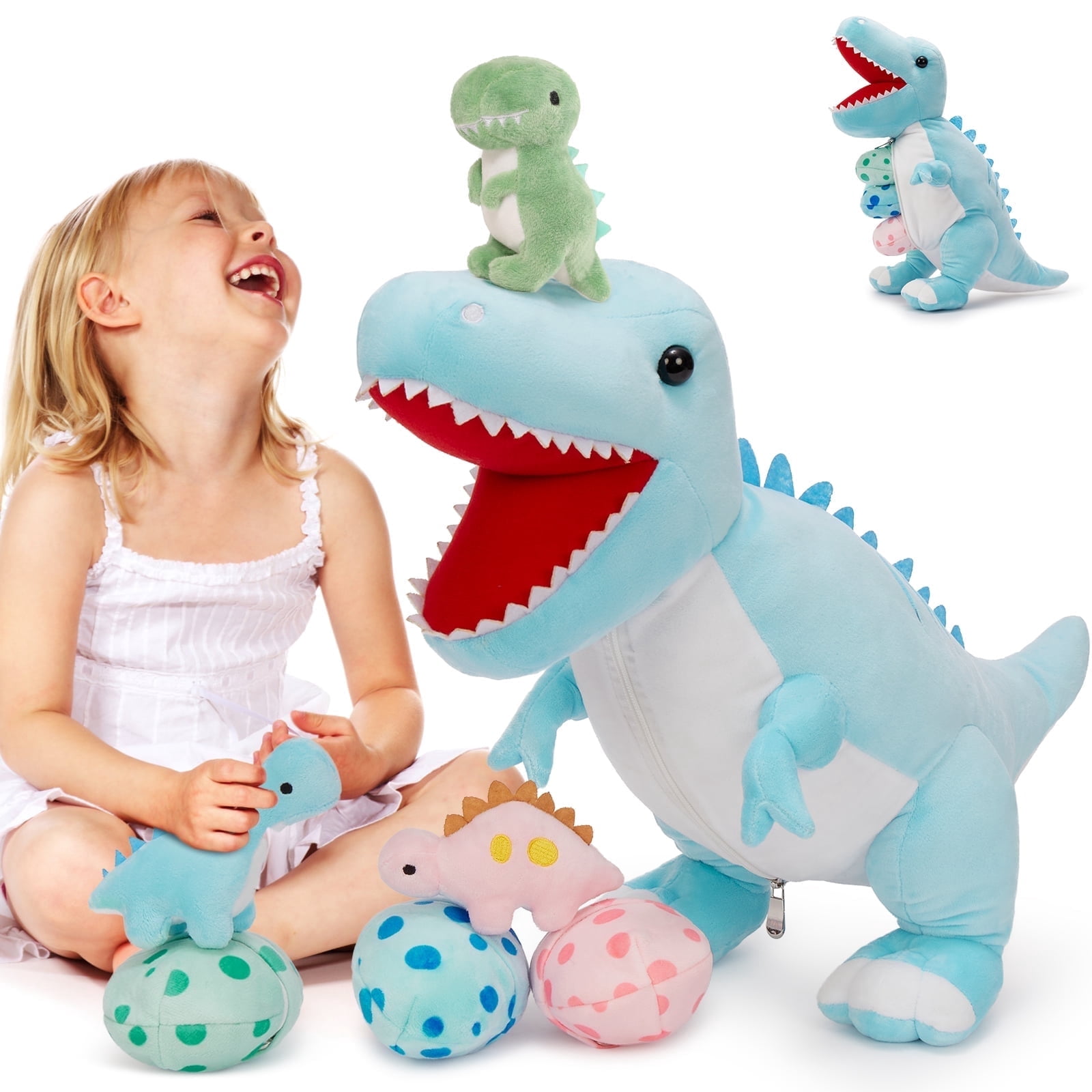 MorisMos 23.6" Blue Dinosaur Stuffed Animal Mommy Dinosaur with 3 Baby Plush Toys