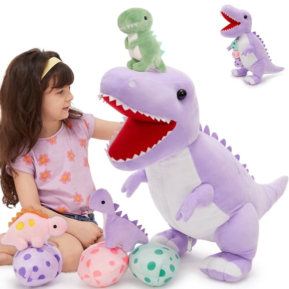 MorisMos 23.6" Purple Dinosaur Stuffed Animal Mommy Dinosaur with 3 Baby Plush Toys