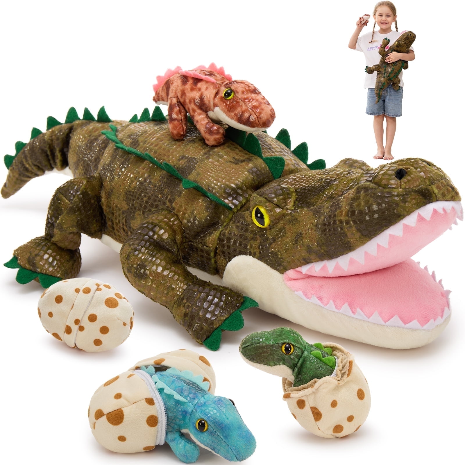 MorisMos 24" Alligator Stuffed Animal Mommy Stuffed Crocodile with 3 Babies and 3 Eggs