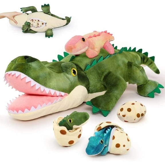 MorisMos 24" Alligator Stuffed Animal Mommy Stuffed Crocodile with 3 Babies and 3 Eggs