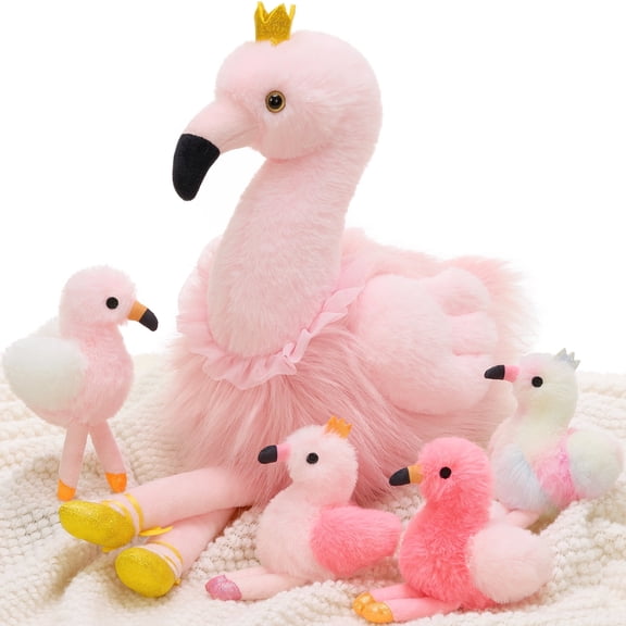 MorisMos 24" Pink Ballerina Flaming Stuffed Animal with 4 Baby Bird Plush Toys