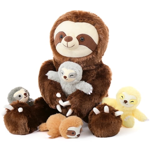 MorisMos 24" Sloth Stuffed Animal Mommy Sloth Plush Toy with 4 Baby Plush Toys