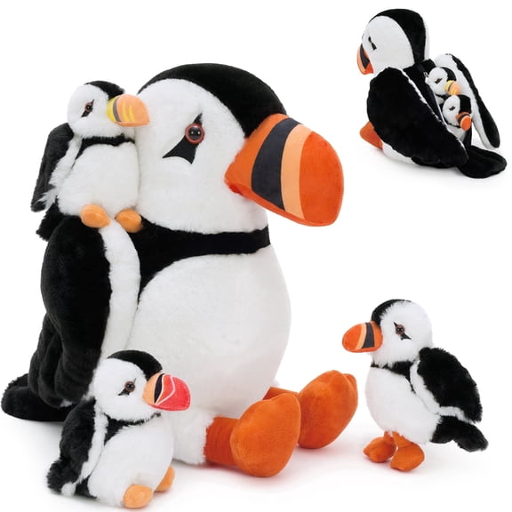 MorisMos 4-in-1 Puffin Stuffed Animal, Cute Puffin Plush Toy with 3 Baby Birds Inside