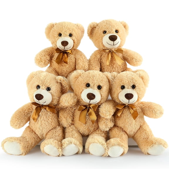 MorisMos 9.8in Light Brown Teddy Bear Stuffed Animals, 5-Pack Matching Bear Plush Set with Brown Satin Bows