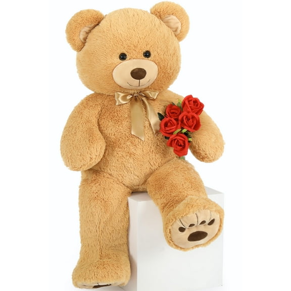 MorisMos Brown Giant Teddy Bear 36" Stuffed Animal Soft Big Plush Toy with Bowknot and Footprint Valentines Day Gift for Girlfriend