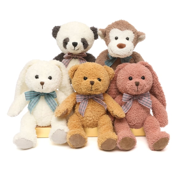 MorisMos 12.5" Soft Bulk Stuffed Animals 5-Packs Plush Toys Cute Teddy Bear/Monkey/Bunny/Panda with Bow Ties