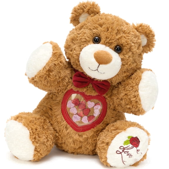 MorisMos14.2in Curly Brown Heart Teddy Bear Plush, Romantic Bear Stuffed Animal
