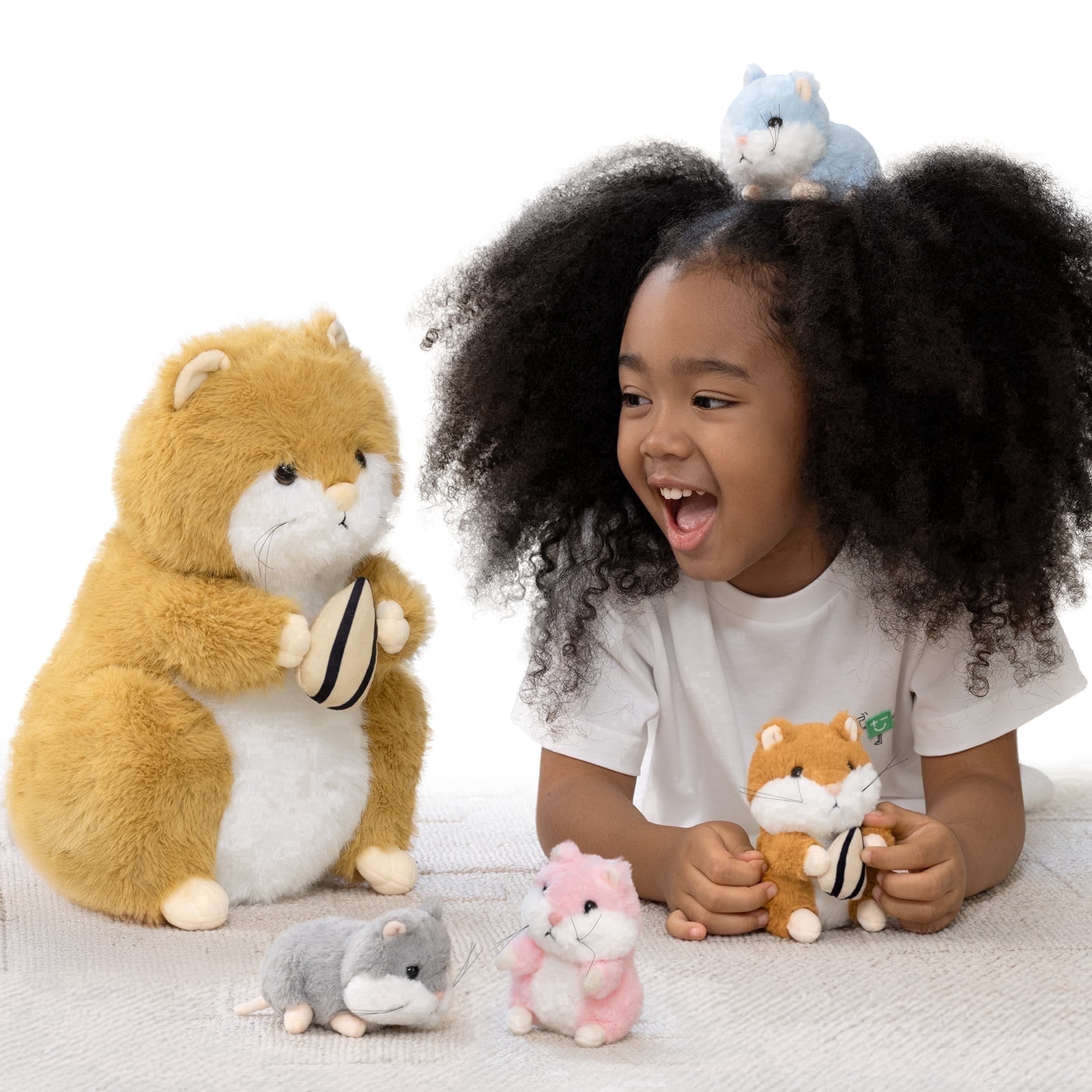 MorisMos Cute Hamster Plush Toy Set with 4 Baby Plush Toys, Soft Hamster Stuffed Animal with Sunflower Seed