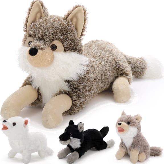 MorisMos 19.7in Wolf plush toy set with 3 Babies, Soft Stuffed Animal Family