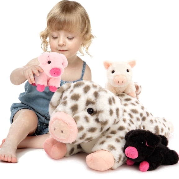 MorisMos Spotted Pig Plush Toy Set with 3 Baby Pigs, Soft Stuffed Animal Family Playset for Kids