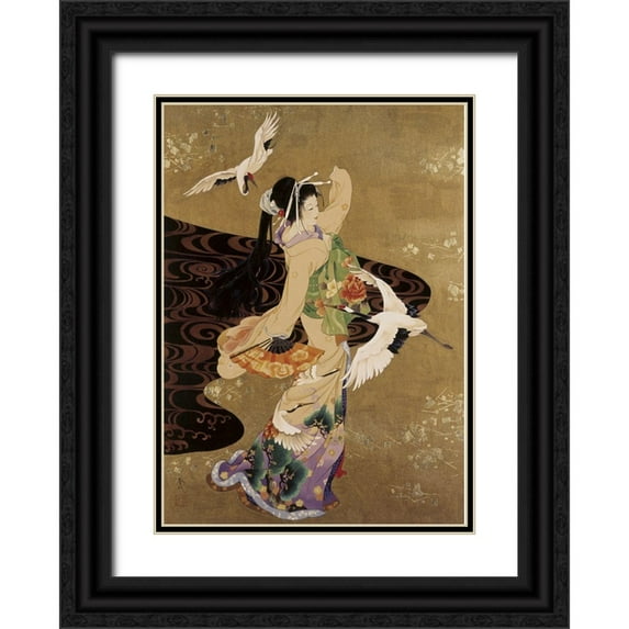 Morita, Haruyo 11x14 Black Ornate Wood Framed with Double Matting Museum Art Print Titled - Dance Of Cranes