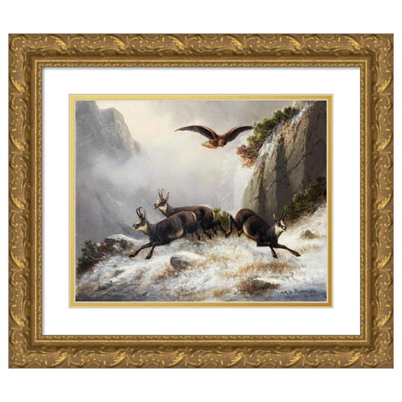 Moritz Müller 18x15 Gold Ornate Wood Frame and Double Matted Museum Art Print Titled - Chamois, Persecuted by an Eagle (1877)