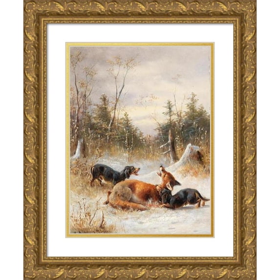 Moritz Müller II 11x14 Gold Ornate Wood Frame and Double Matted Museum Art Print Titled - Fuchs with Dogs (1888)