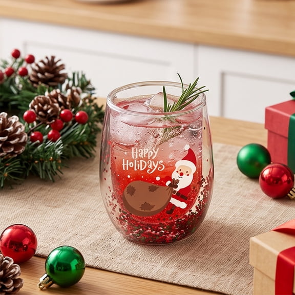 MoriwellinaChristmas Indoor Outdoor Multicolor Double Wall Glass Cup, Sequin Egg Shaped Tumbler for Coffee Tea Holiday Party Drinkware Gift, Multicolor