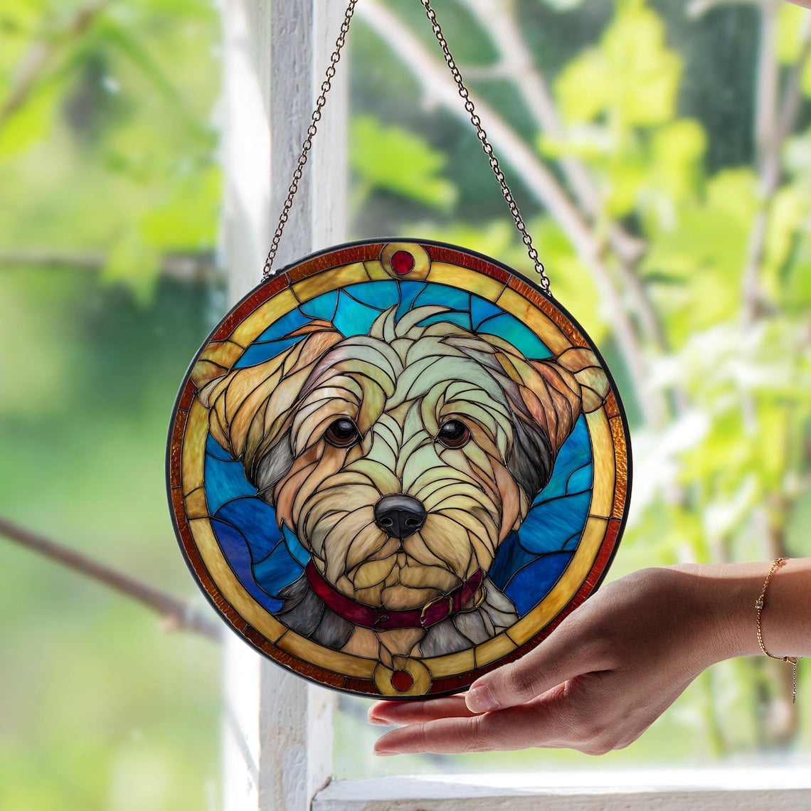 Morkie Dog Glass Suncatcher, Unique Pet Memorial Art, Cozy Rustic Home Decor, 3.5 in